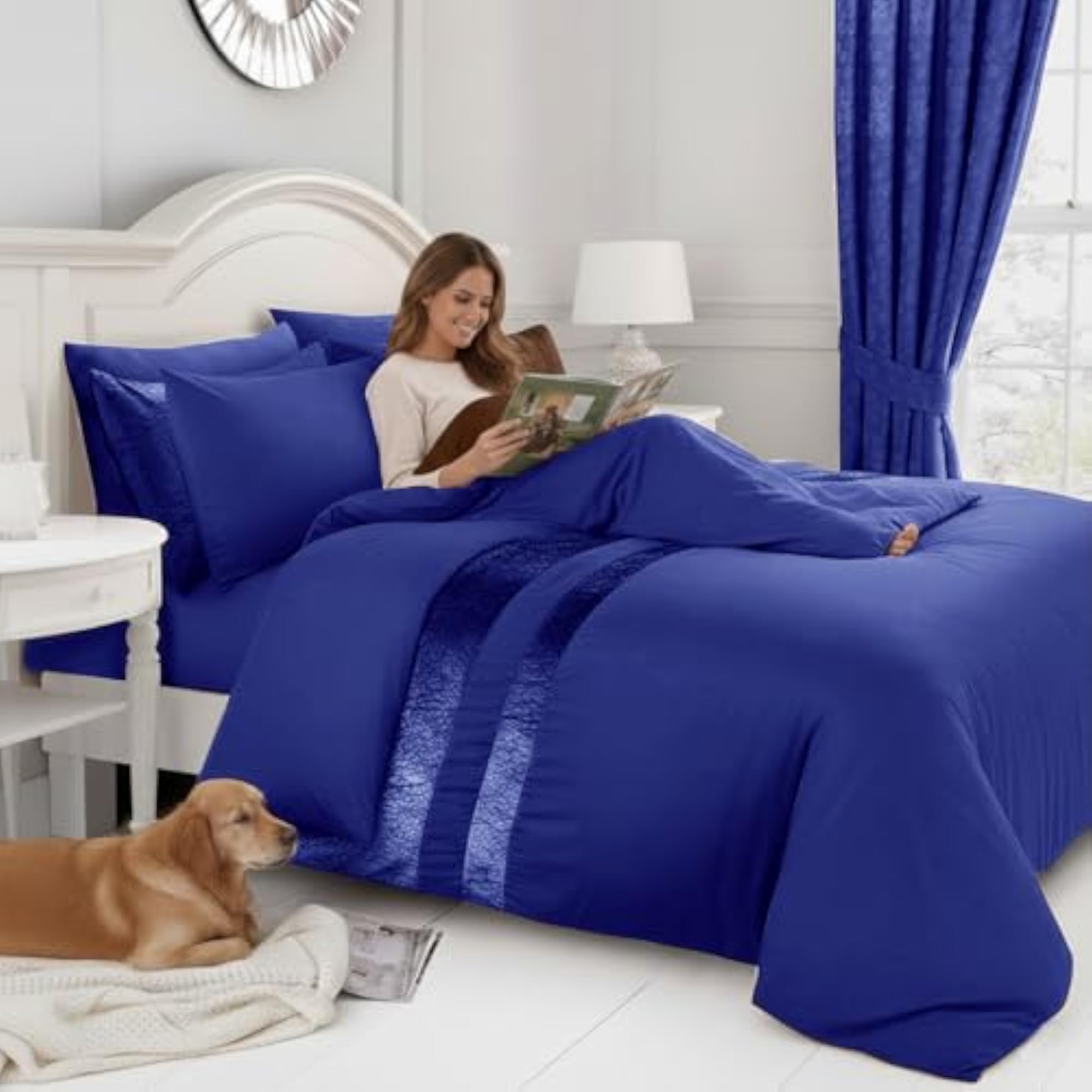 Luxury Crushed Velvet Panel Band Duvet Cover Set, Navy